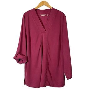 Soft Surroundings Womens Tencel Roll Tab Sleeve Tunic Rose Pink Sz 1X V Neck